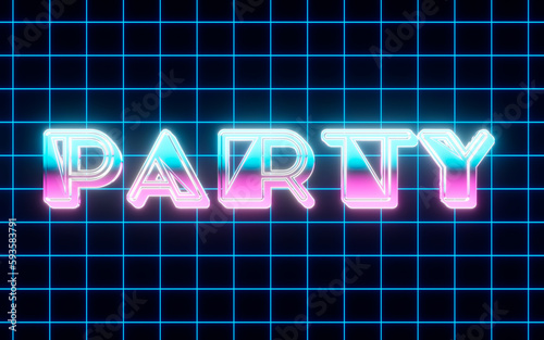 Eighties retro futuristic style party announcement. Glowing chrome letters with Neon reflection.