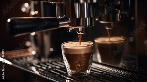 Espresso machine pours fresh black coffee closeup ai generative 