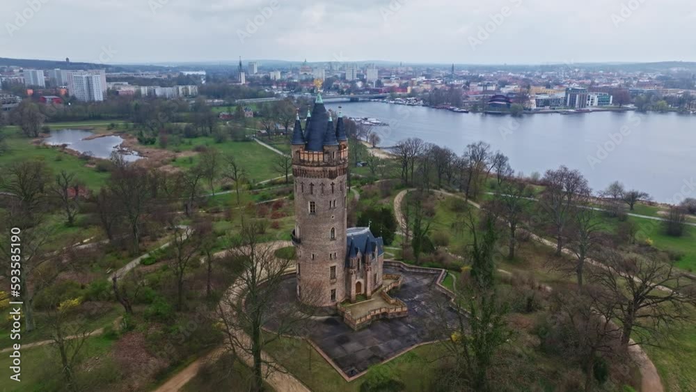 Drone shot of Flatow Tower in Babelsberg park , Potsdam , Germany Drone shot of Flatow Tower in Babelsberg park , Potsdam , Germany