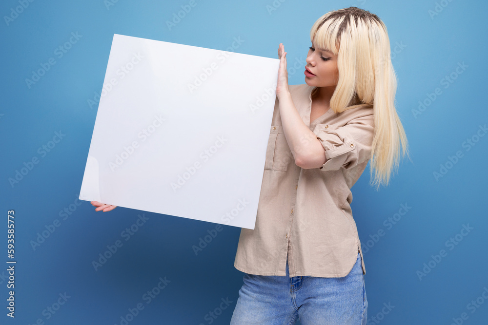 portrait of cute blondie woman with paper board portrait of cute blondie woman with paper board