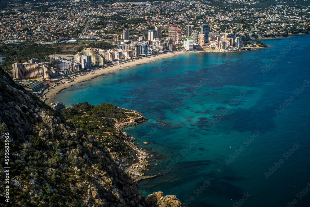View from Ifach Rock to the sea, la Fossa beach and Calpe apartment buildings