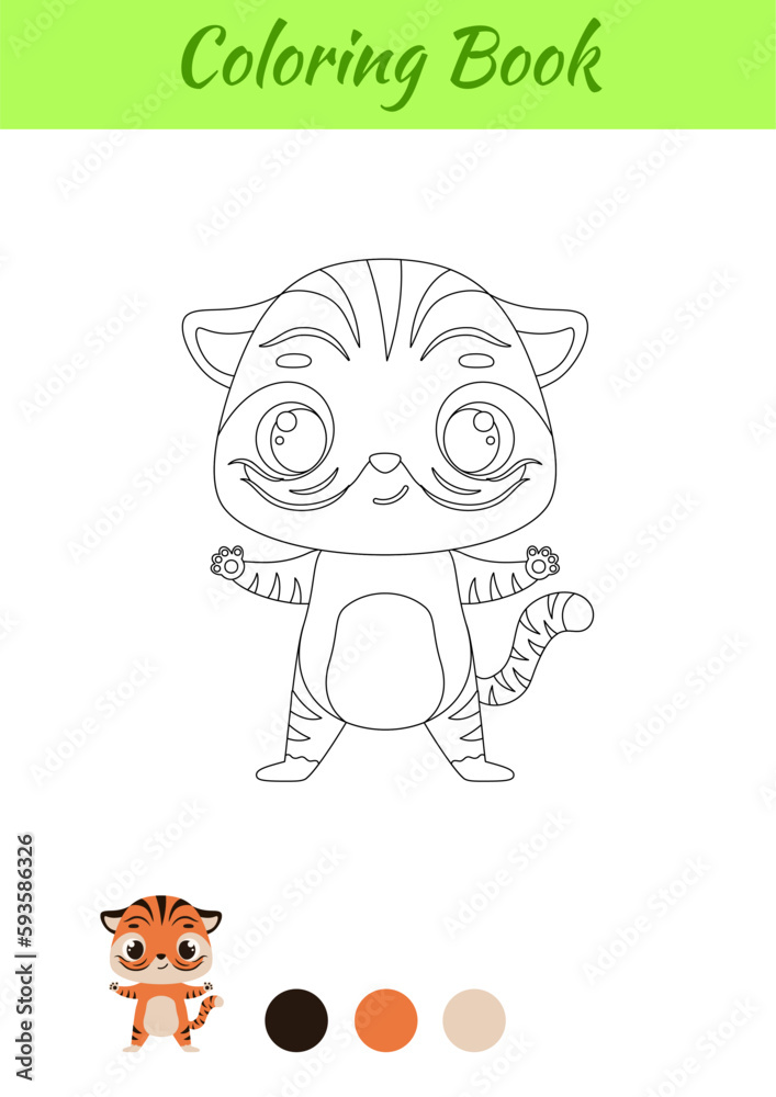 Coloring page happy tiger. Coloring book for kids. Educational activity for preschool years kids and toddlers with cute animal. Vector stock illustration