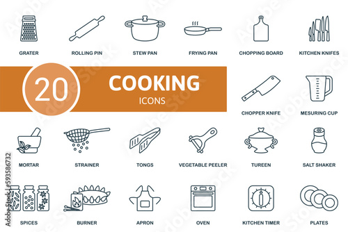 Cooking set. Creative icons: grater, rolling pin, stew pan, frying pan, chopping board, kitchen knifes, chopper knife, measuring cup, mortar, strainer, tongs, vegetable peeler, tureen, salt shaker