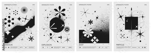 Futuristic retro vector minimalistic Posters with geometric shapes dissolve into dust and strange wireframes graphic figures, modern design inspired by brutalism and silhouette basic figures, set 24
