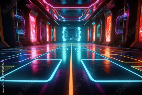 Sci-fi futuristic background wall tunnel with glowing neon lighting effects Generative AI Illustration