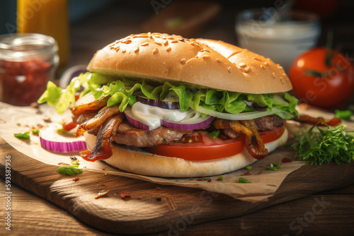 Delicious burger in a white bun, with green salad and vegetables