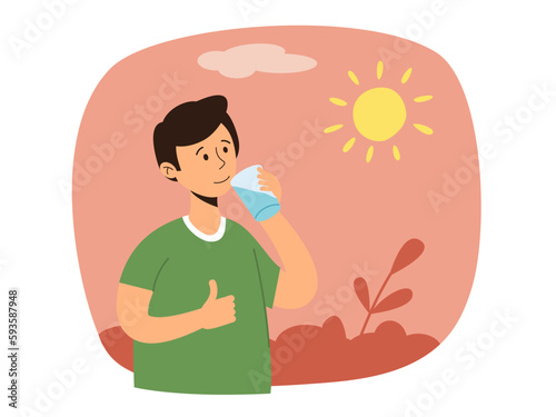Man drinks cold water. Need to drink water on a hot summer sunny day. Risk of heat stroke, dizziness, or malaise. Isolated vector illustration.