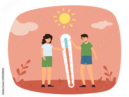Concept of hot summer day with scorching sun. Temperature and thermometer in critical zone. Possibility of heat stroke and dehydration. Isolated vector illustration.