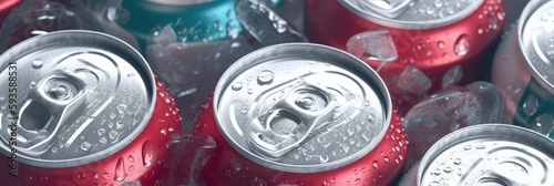 Cans of sweet drinks and beer among the pieces of ice. Cooling frozen and with water drops. Generative AI.