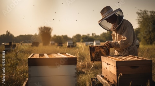 Leinwand Poster honey farming and beekeeper with crate ,Generative AI