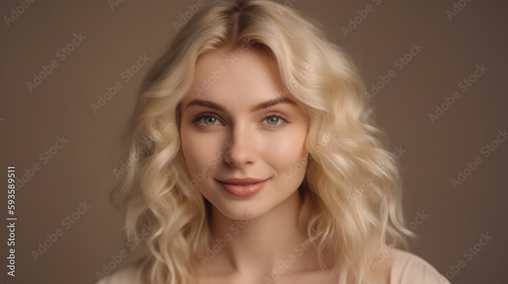 portrait of a woman Beauty blonde hair smiling on beige background , Generative AI	
