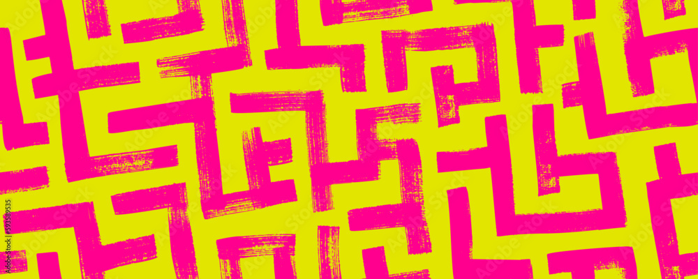 Geometric maze colorful seamless pattern. Brush drawn pink and yellow scribbles. Abstract maze geometric vector background. Irregular labyrinth pattern in bright colors. Hand drawn intricate banner.