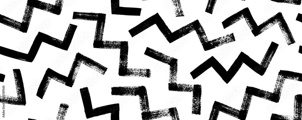 Random zigzag lines seamless pattern. Geometric banner with thick zig zag brush strokes. Abstract black on white geometric vector ornament. Thick triangular grunge strokes.
