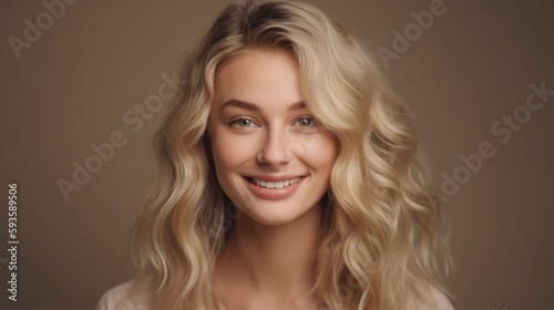 portrait of a woman Beauty blonde hair smiling on beige background , Generative AI 
