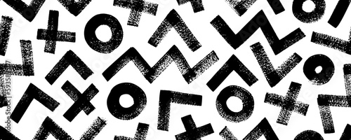Geometric seamless pattern with bold zigzag lines, circles and crosses. Seamless horizontal banner with brush drawn vector grunge shapes. Triangle and zigzag motif. Geometric shapes with thick strokes