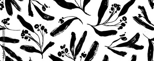 Berry branches vector seamless pattern. Brush drawn twig silhouettes. Vintage botanical seamless banner in sketch style. Natural organic ornament with black branches. Foliage silhouettes.