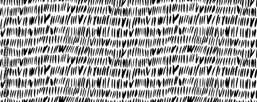 Field motif seamless pattern. Vertical short simple lines ornament. Grass seamless horizontal banner drawn with brush. Vector black ink illustration. Natural abstract ornament with vertical lines.