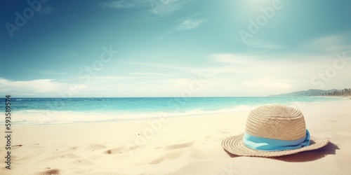 Straw hat on the beach, copy space photo