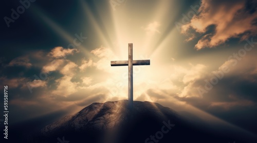 Cross Shape In Clouds - Risen - Jesus Ascends to Heaven Scene ,Generative AI. 