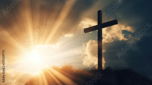 Photographie Cross Shape In Clouds - Risen - Jesus Ascends to Heaven Scene ,Generative AI
