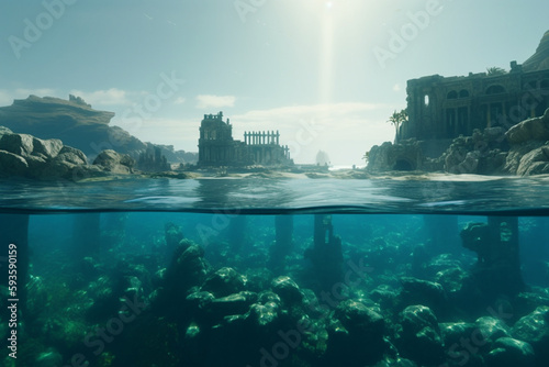 The Mystical Sunken City: A Half-Submerged View of Atlantis in Crystal Blue Waters © artefacti