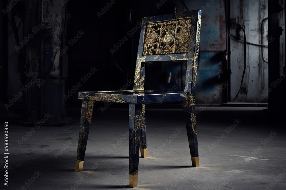 The design concept for a luxury chair incorporates deep blue and gold color accents, intricate patterns, and detailed embellishments to create a lavish piece of furniture. Generative Ai