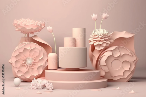 3D display podium pastel pink flower background. Peony blossom falling down. Nature minimal pedestal for beauty  cosmetic product presentation. Valentine  feminine copy space template 3d