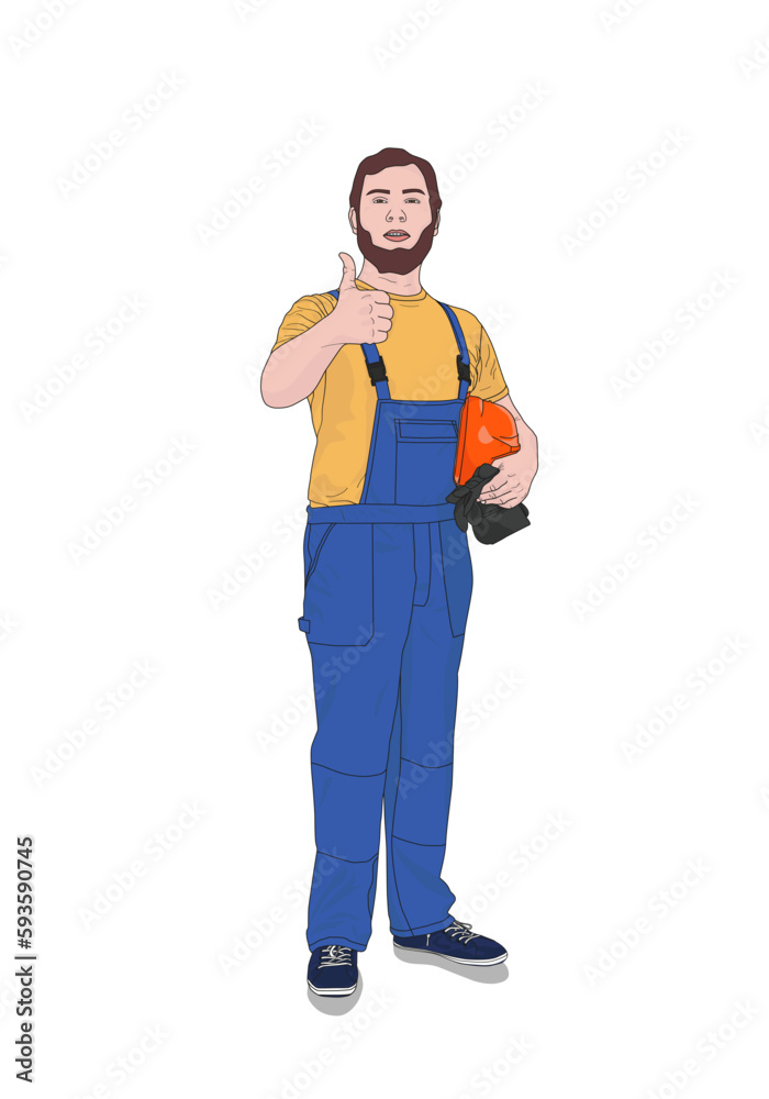 Handyman holding wrench and helmet showing thumb up. Handyman holding wrench and helmet showing thumb up.
