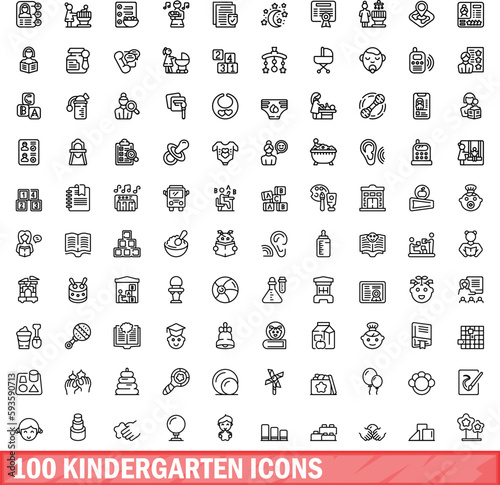 100 kindergarten icons set. Outline illustration of 100 kindergarten icons vector set isolated on white background