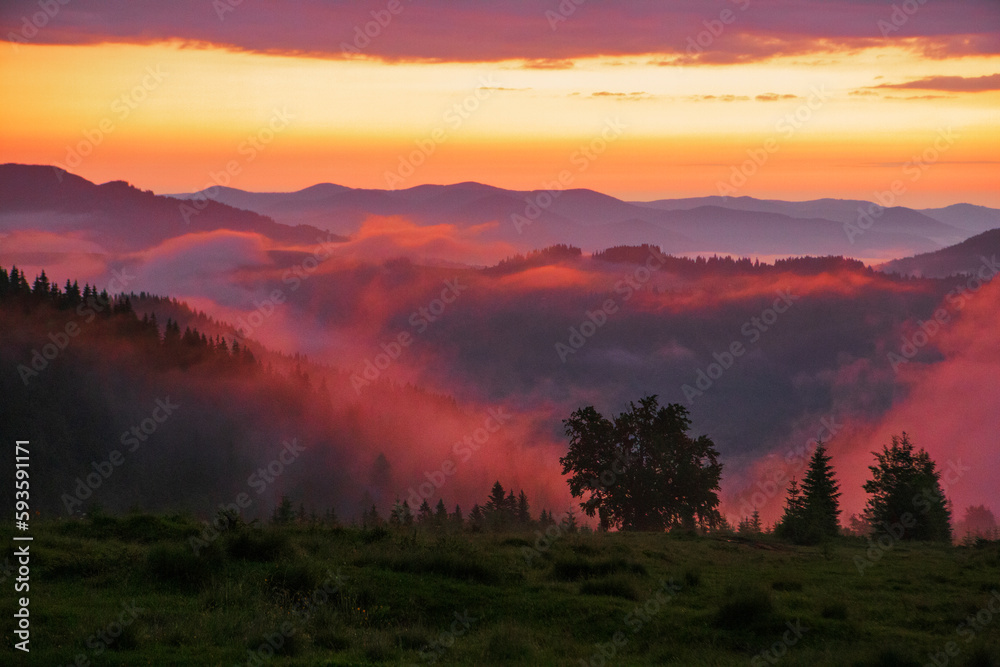 Sunrise in the Eastern Carpathians. Ukraine.