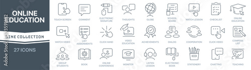 Online education linear signed icon collection. Signed thin line icons collection. Set of online education simple outline icons