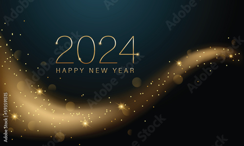 2024 New year with Abstract shiny color gold wave design element and glitter effect on dark background. For Calendar, poster design
