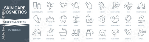 Skin care and cosmetics linear signed icon collection. Signed thin line icons collection. Set of skin care and cosmetics simple outline icons