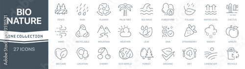Bio and nature linear signed icon collection. Signed thin line icons collection. Set of bio and nature simple outline icons