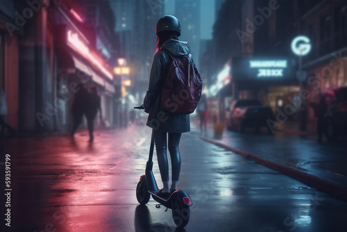 Girl on electric scooter in futuristic city (Generative AI)