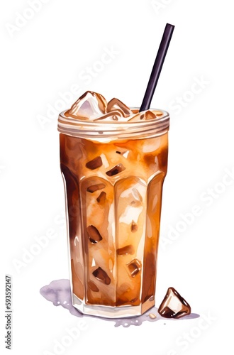Watercolor illustration of iced coffee with milk on white background. Cold coffee with ice cubes. Generative AI.