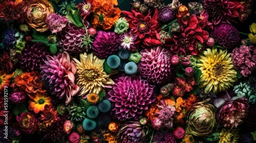 Mixed colorful flowers background. Bright background colors of mixed colors. High quality illustration. Generative AI © Margo_Alexa