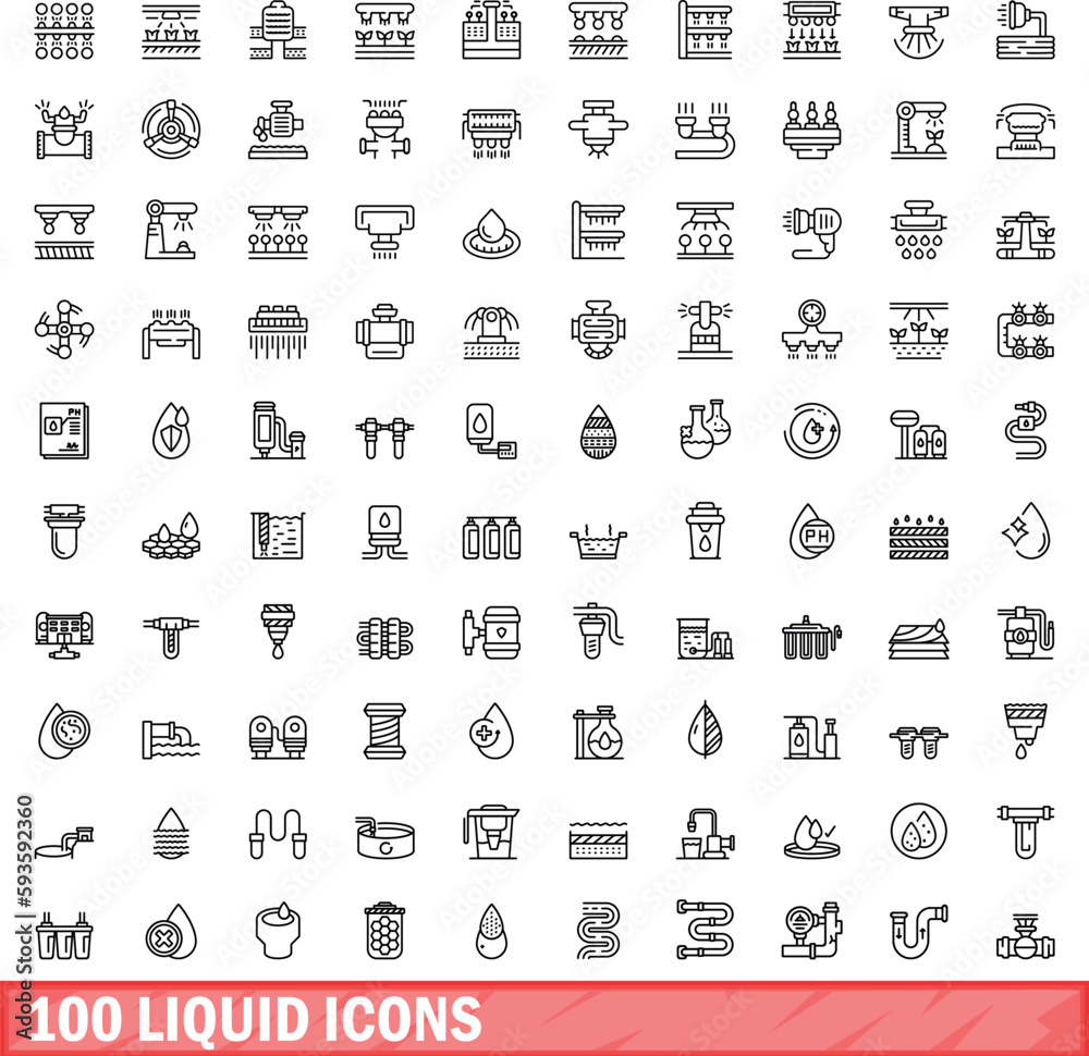 100 liquid icons set. Outline illustration of 100 liquid icons vector set isolated on white background 100 liquid icons set. Outline illustration of 100 liquid icons vector set isolated on white background