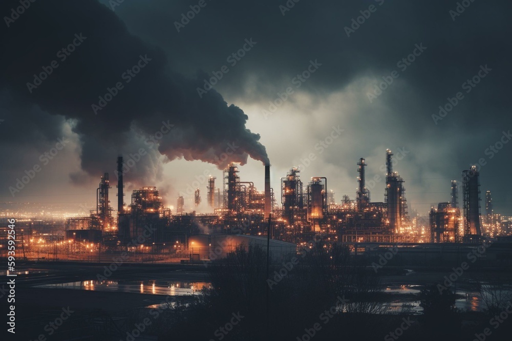 Industry air pollution, factory station release smoke, from pipe oil fuel storage tank, petroleum refinery, industrial process plant oil refinery for energy with Generative AI