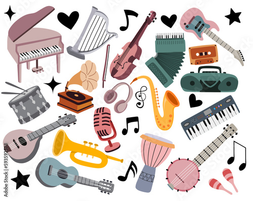 music instruments in cartoon style on the white background. 