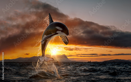 Orca leaping from sunset ocean water with splashes, Norway background, winter and snow on mountains in fjord