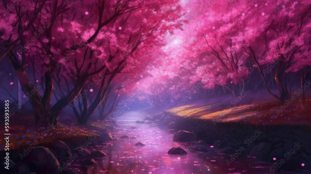 A beautiful river crossing a cherry blossom mystical forest at night. Kawaii digital art made with generative AI.