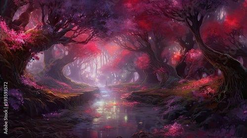 A beautiful river crossing a cherry blossom magical forest at night. Kawaii digital art made with generative AI. © Tuyres