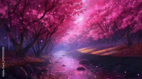 A beautiful river crossing a cherry blossom mystical forest at night. Kawaii digital art made with generative AI.