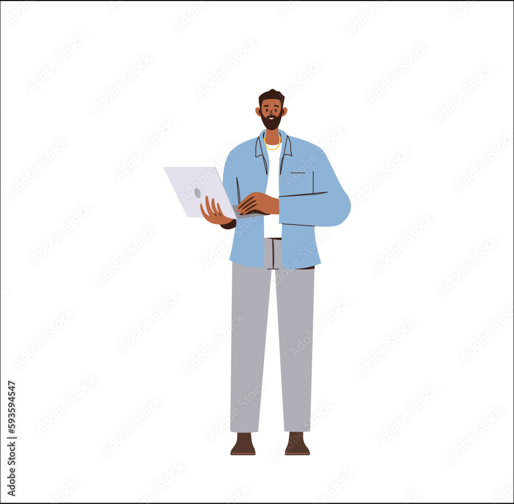 Young man standing and working on laptop computer enjoy freelance job and creative occupation Young man standing and working on laptop computer enjoy freelance job and creative occupation