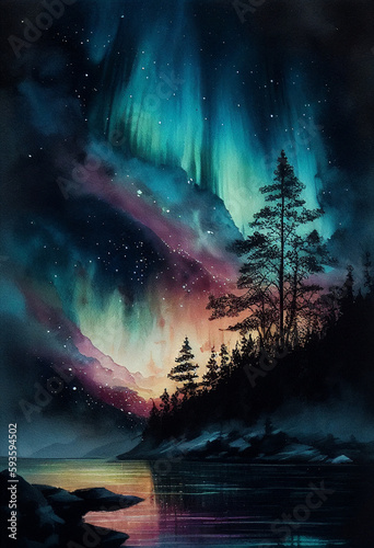orthern Lights Watercolor Painting