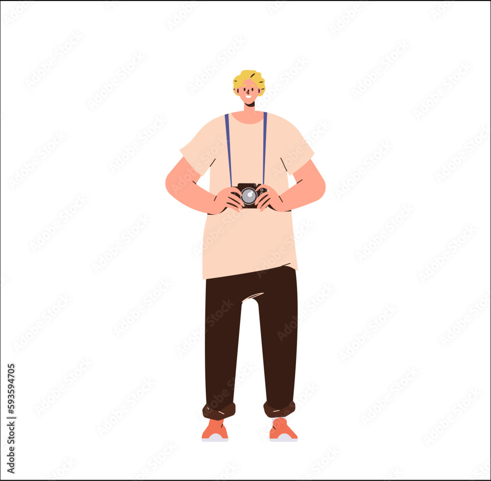 Young man photographer or photojournalist holding camera in hand isolated on white background Young man photographer or photojournalist holding camera in hand isolated on white background