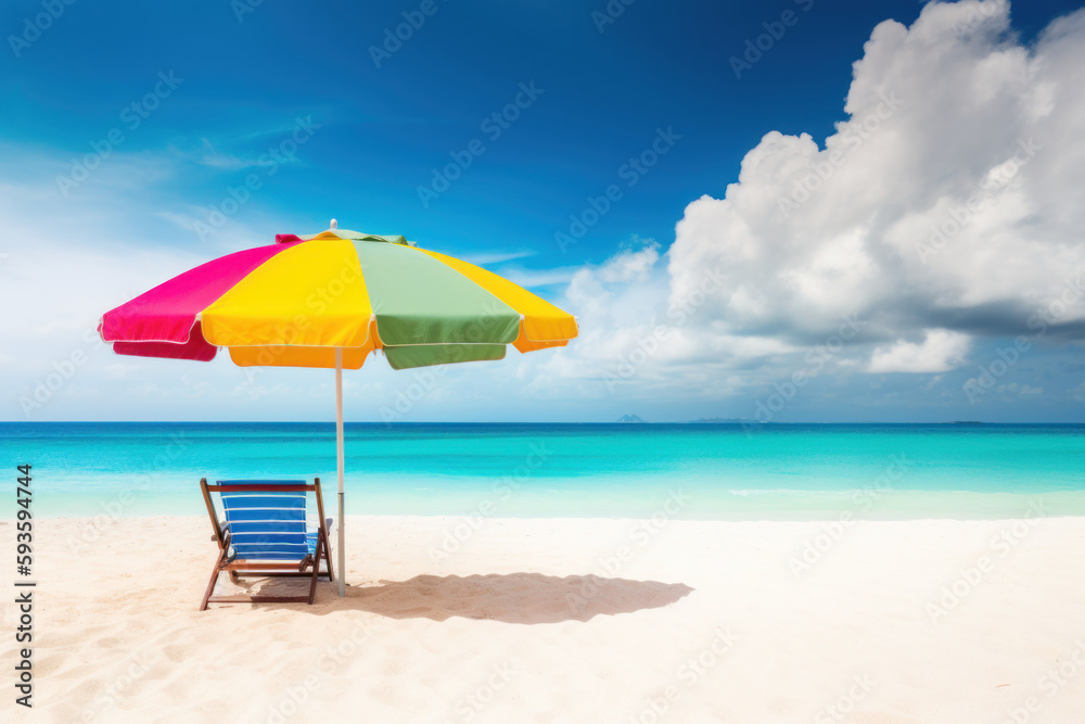 Umbrella and chair beach on tropical beach background. Generative ai. Umbrella and chair beach on tropical beach background. Generative ai.