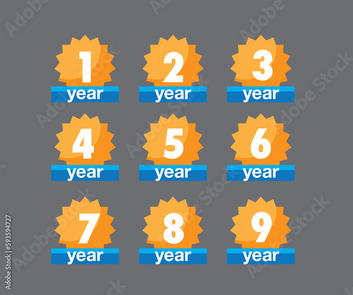 Warranty badge set from one to nine years, orange starburst labels with blue ribbon