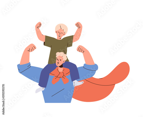 Happy young dad carrying joyful little son child on shoulders playing superhero game together